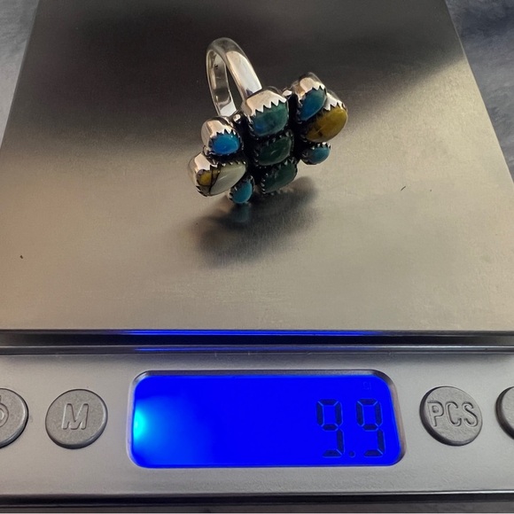 ❤️ Kingman Honey Dahlia Emerald Valley Turquoise Cluster 925 Navajo Ring Sz8 Adj - Picture 11 of 13